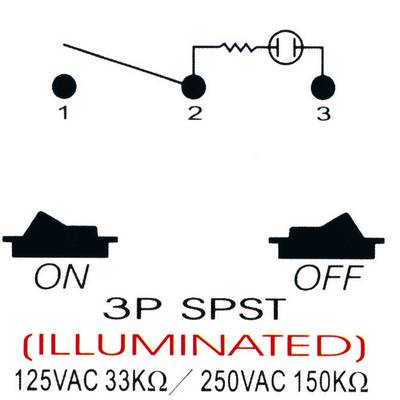 Schéma de câblage d'un interrupteur éclairé. Les positions 'ON' et 'OFF' sont marquées. Tension : 125VAC 33kΩ / 250VAC 150kΩ.