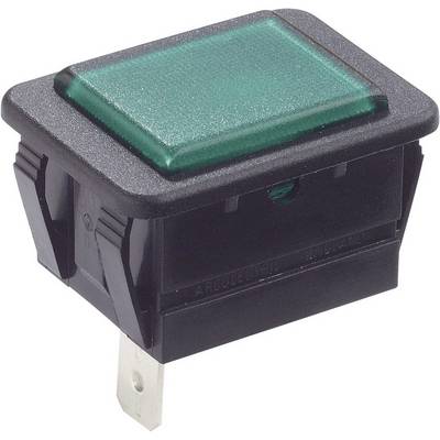 Interrupteur à bascule noir avec un rectangle vert sur le dessus, en position marche. Utilisé pour commander des appareils électriques.