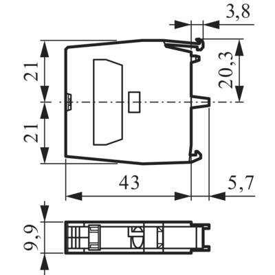 Dessin technique d'un composant avec dimensions : 43 mm de largeur, 21 mm de hauteur, 9,9 mm de profondeur. Mesures : 3,8 mm, 20,3 mm, 5,7 mm.