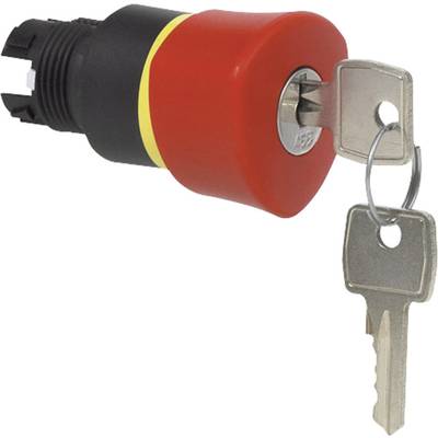 Bouton d'arrêt d'urgence rouge avec deux clés insérées. L'interrupteur est cylindrique, principalement noir, avec un anneau jaune.