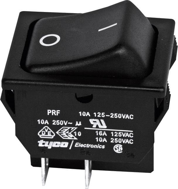 Interrupteur à bascule noir avec symboles Marche/Arrêt. Inscriptions en dessous : « 10A 125-250VAC », « tyco Electronics ». Adapté pour les appareils électriques.