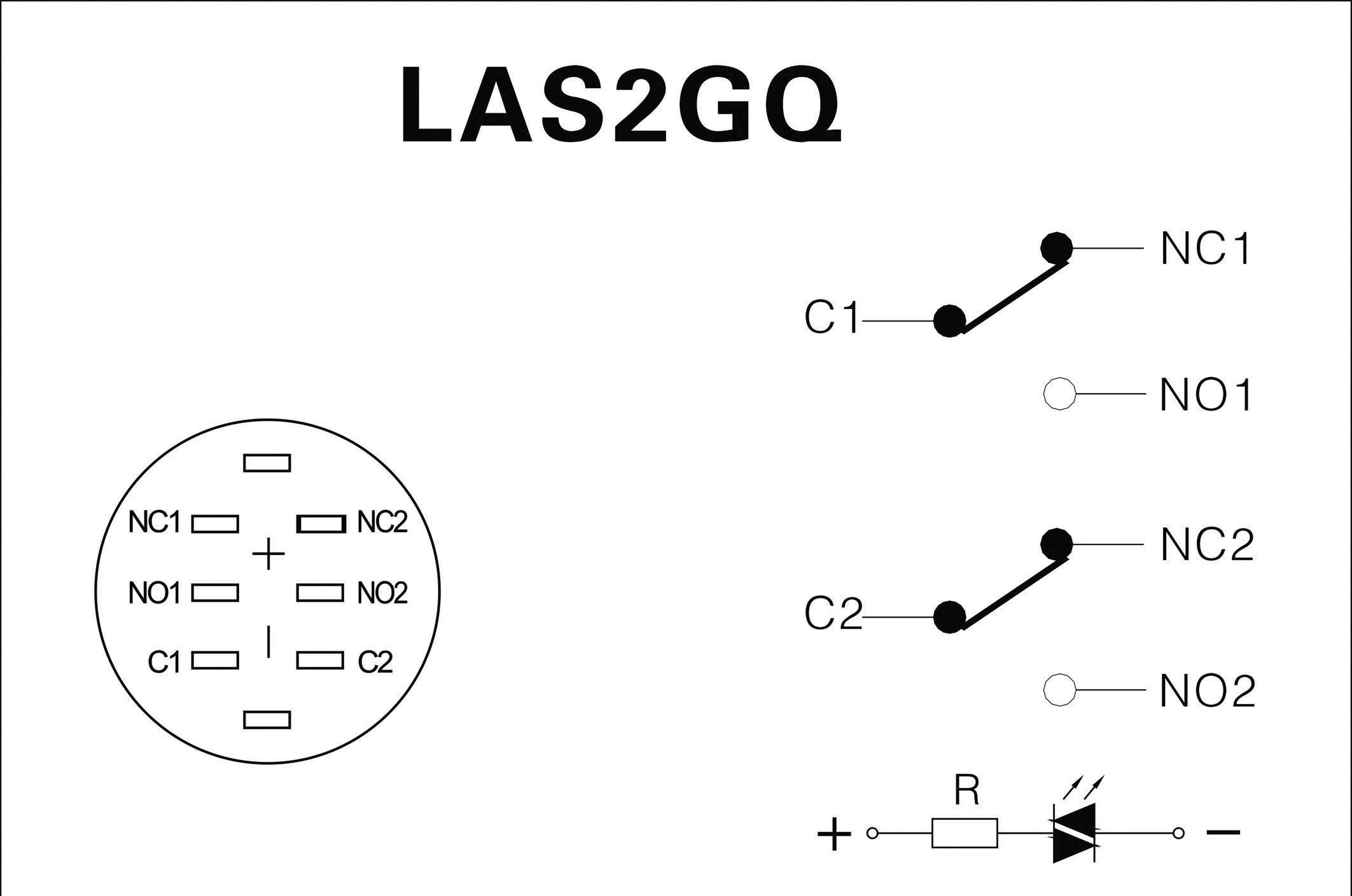 Schéma de câblage pour LAS2GQ avec deux interrupteurs C1 et C2, bornes NC1, NO1, NC2, NO2, et symboles pour résistance et diode.