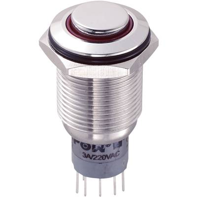 Un bouton-poussoir rond en métal argenté avec un anneau rouge et l'inscription '3A/220VAC' sur le côté, adapté pour une utilisation dans des appareils électroniques.