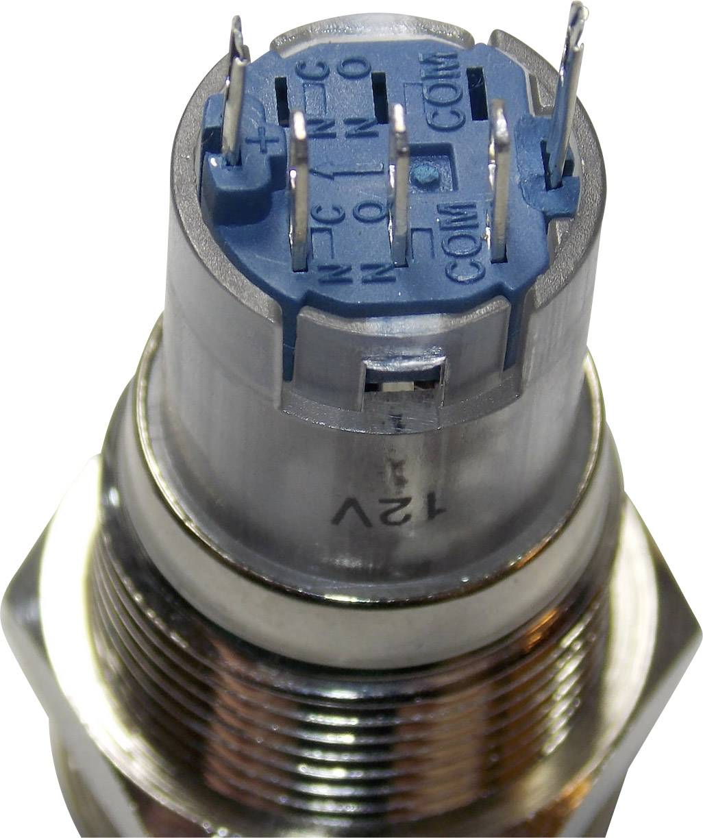 Un connecteur cylindrique métallique avec plusieurs contacts électriques sur sa surface supérieure, portant l'inscription '12V'.