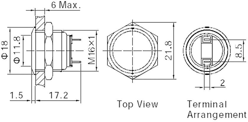 Dessin technique d'un interrupteur : Vue de face montrant la disposition des connexions ; Vue de dessus montrant la forme hexagonale ; Dimensions en millimètres.