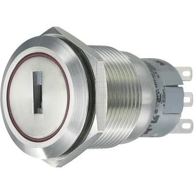 Bouton-poussoir métallique à tête ronde, avec marquage rouge et deux connexions enfichables à l'arrière, adapté aux applications industrielles.