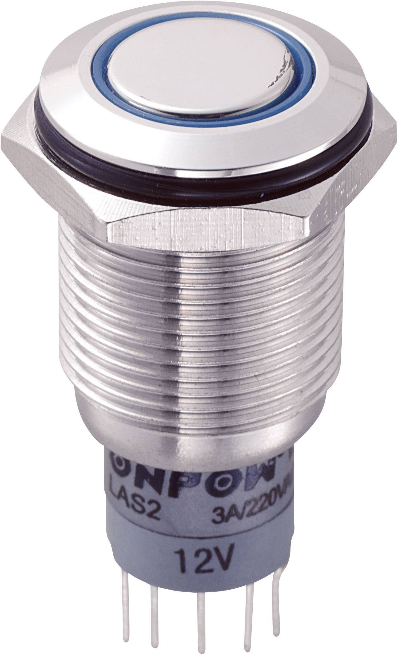 Interrupteur métallique rond avec anneau bleu, encastré dans un boîtier argenté. En dessous, des broches de connexion et l'indication de tension '12V'.