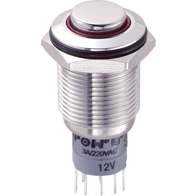 Un bouton-poussoir métallique rond à surface striée, marqué '12V' et '3A/220VAC', utilisé pour le contrôle électrique.