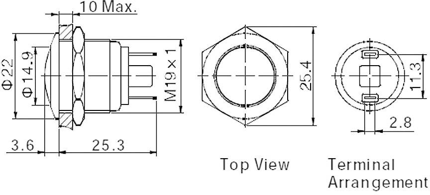 Dessin technique d'un interrupteur avec des dimensions en millimètres. Trois vues : vue latérale, vue de dessus et disposition des terminaux.