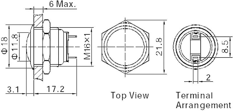Dessin technique d'un interrupteur. Présente une vue latérale avec indication du diamètre, une vue de dessus avec un écrou hexagonal, et la disposition des bornes.