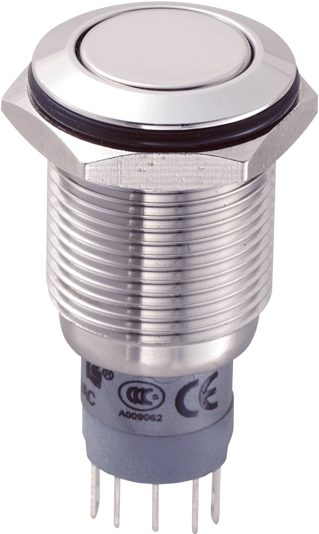 Un bouton-poussoir métallique rond en argent avec plusieurs broches de connexion, adapté pour l'installation dans des dispositifs électrotechniques.