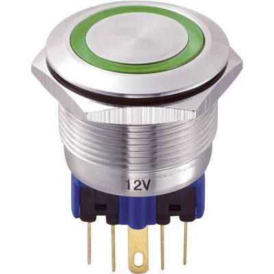 Un bouton-poussoir rond en métal argenté avec un bord vert pour appareils 12V, monté sur un socle bleu avec des connexions électriques.