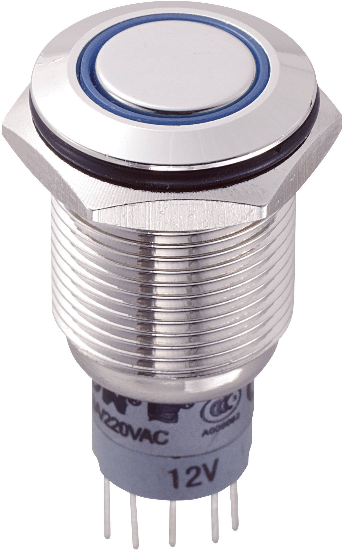 Interrupteur métallique avec anneau bleu, boîtier argenté et plusieurs broches de connexion en bas, adapté aux applications 12V.