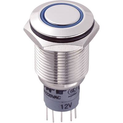 Interrupteur métallique avec anneau bleu, boîtier argenté et plusieurs broches de connexion en bas, adapté aux applications 12V.