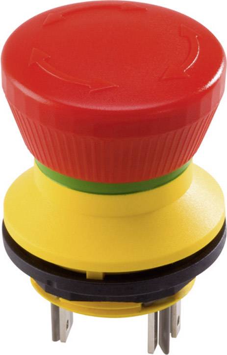 'Bouton d'arrêt d'urgence rouge avec base jaune et connexions métalliques, utilisé pour interrompre l'alimentation électrique en cas d'urgence.'