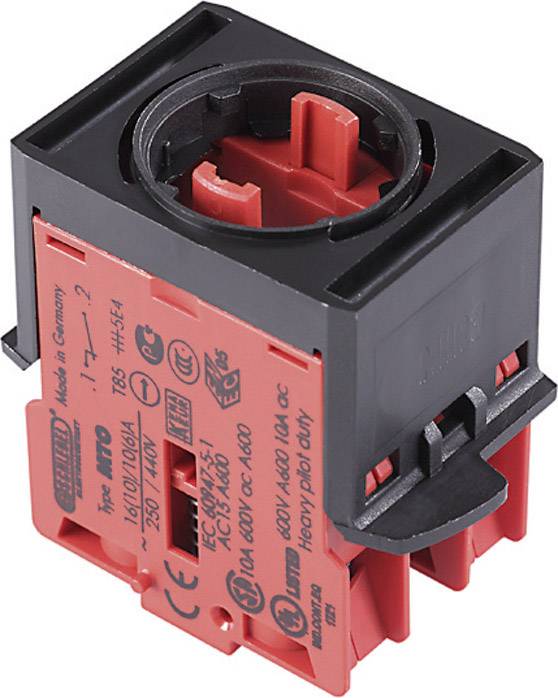 Interrupteur électrique rouge dans un boîtier en plastique noir, adapté à différentes plages de courant et de tension, avec plusieurs marquages et certifications.