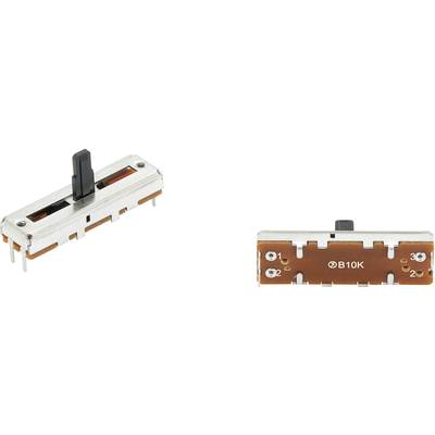 Un potentiomètre coulissant horizontal avec un curseur noir et quatre broches de connexion. Étiqueté 'B10K'.