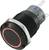 Un bouton-poussoir noir, rond, avec un anneau rouge, adapté pour 12V. Cadre en métal argenté avec deux broches de connexion.