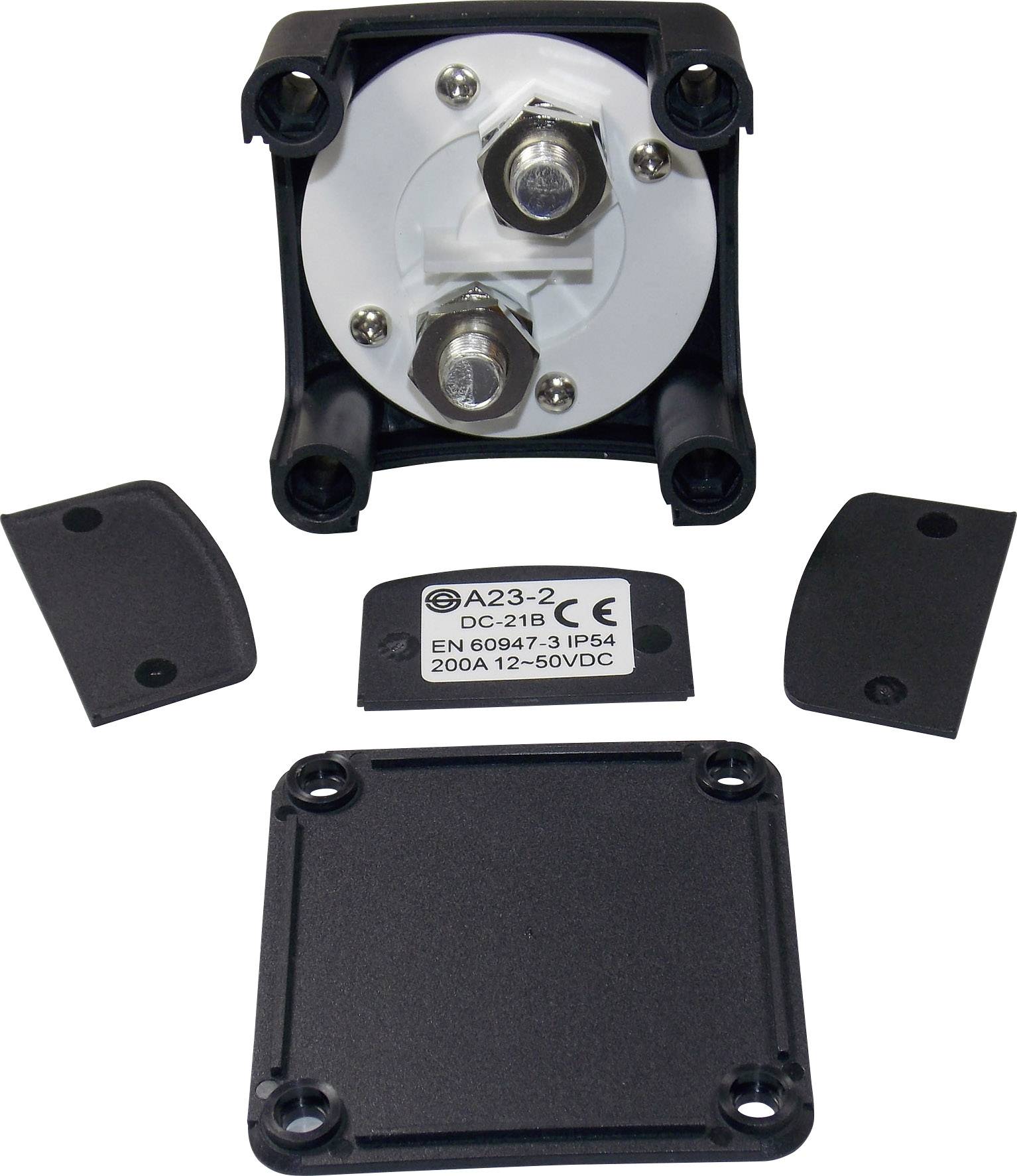 Composant électrique noir avec deux bornes à vis, plaque signalétique '200A 12-50VDC', classe de protection IP54, couvercle amovible.