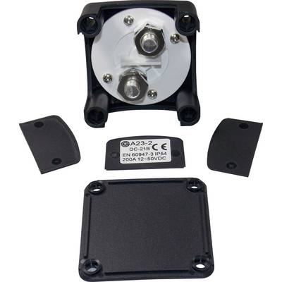 Composant électrique noir avec deux bornes à vis, plaque signalétique '200A 12-50VDC', classe de protection IP54, couvercle amovible.