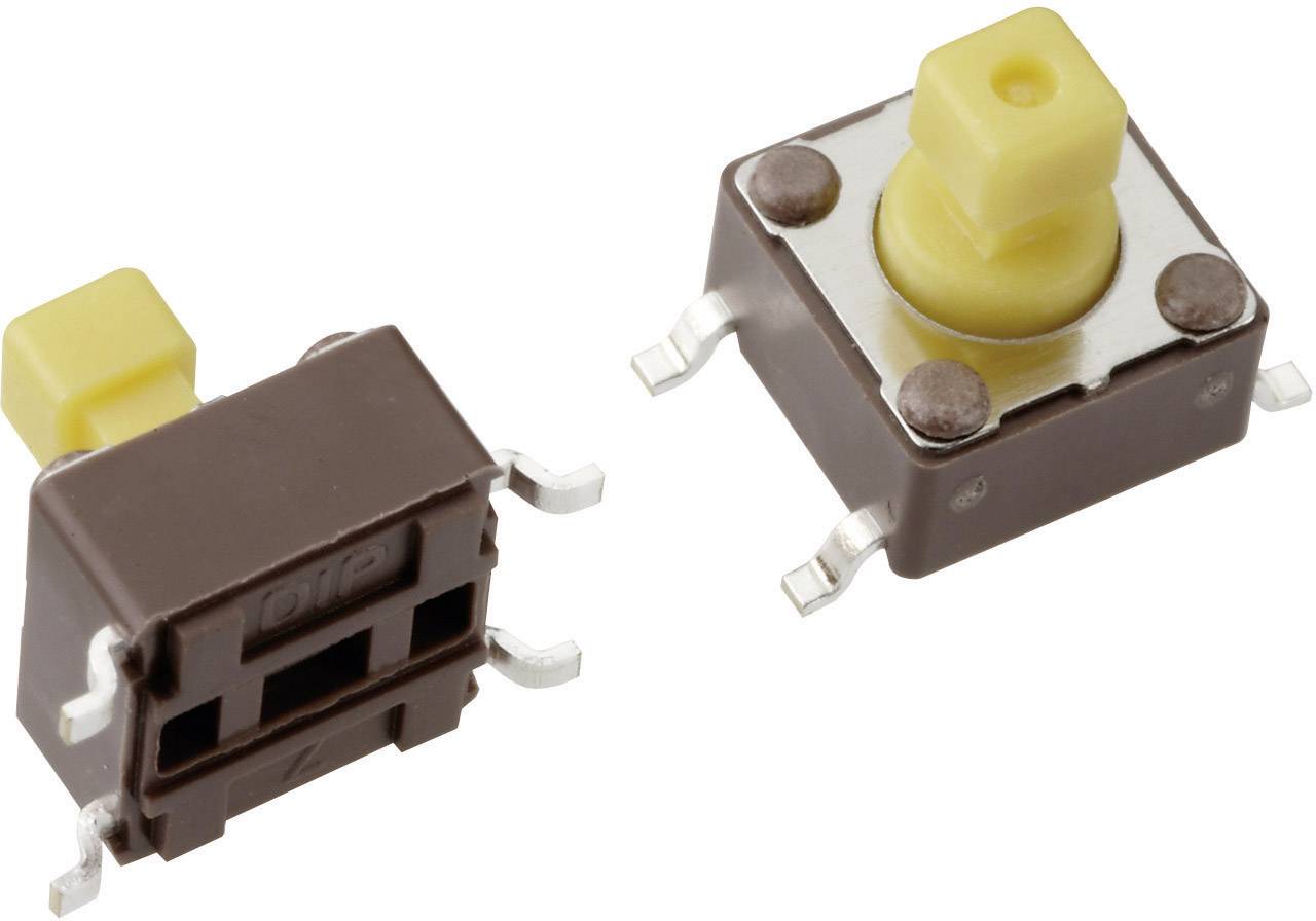 Deux micro-interrupteurs jaune-brun avec des contacts métalliques enfichables, présentés sous différents angles.