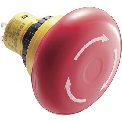 Un bouton d'arrêt d'urgence rouge avec des flèches indiquant un mouvement de rotation, monté sur un boîtier jaune.