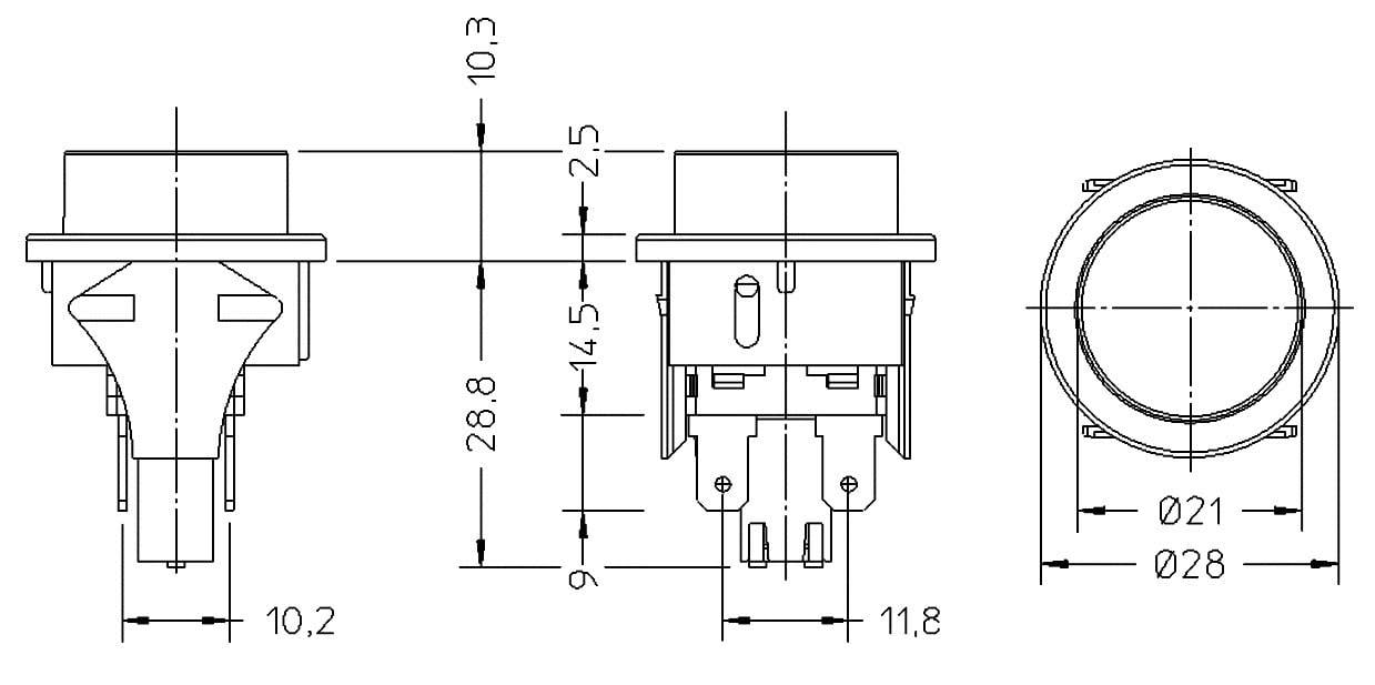 Dessin technique d'un interrupteur avec des dimensions en millimètres. Les vues de face et de profil montrent les dimensions et la forme de l'interrupteur.