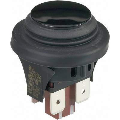 Interrupteur à bouton-poussoir noir et rond avec contacts métalliques, utilisé pour le contrôle ou la commande de machines.