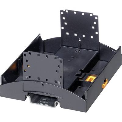 Un support en plastique noir avec une plaque amovible, équipé d'un interrupteur orange et d'un élément métallique, conçu pour recevoir et maintenir des appareils électroniques.