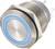 Bouton métallique argenté avec anneau lumineux bleu, deux bornes de connexion à l'arrière. Adapté pour des applications de commutation mécaniques.