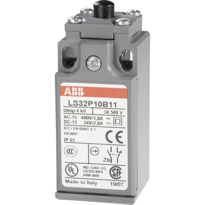 Interrupteur fin de course gris-blanc de la marque ABB, modèle LS32P10B11, avec des spécifications techniques telles que la tension et l'intensité indiquées sur l'étiquette.