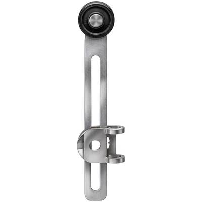 Bras articulé métallique standard, aligné verticalement, avec une attache circulaire en haut et un dispositif de serrage réglable en bas.