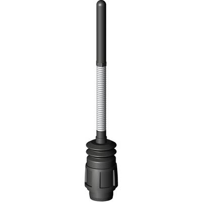 Plongette de toilettes noire avec manche long et embout en caoutchouc compact à la base, utilisée pour éliminer les obstructions.