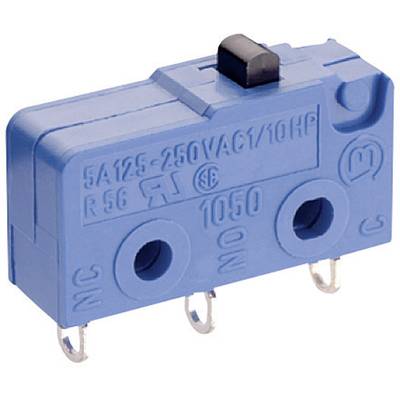 Micro-interrupteur bleu à trois bornes, marqué '5A 125-250VAC', adapté pour les circuits et commandes électriques.