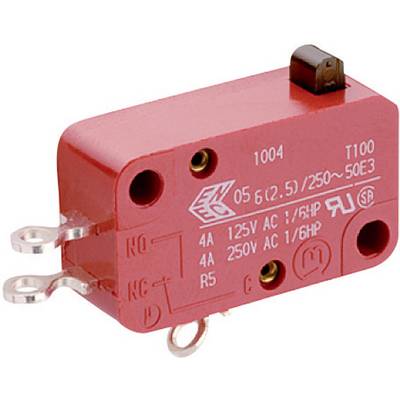 Interrupteur micro rouge avec les inscriptions '125V CA', '4A', '250V CA', '1/6 CV'. Deux bornes métalliques à gauche, un interrupteur noir en haut.