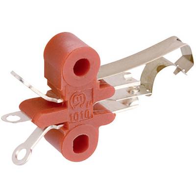 Un clip de connexion électrique rouge en plastique avec des languettes métalliques et des ouvertures pour la fixation des câbles.