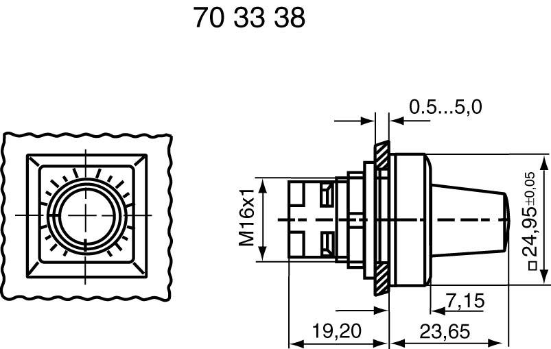 Dessin technique d'un interrupteur carré avec dimensions de l'interrupteur et détails de montage. Dimensions et taille de filetage indiquées.