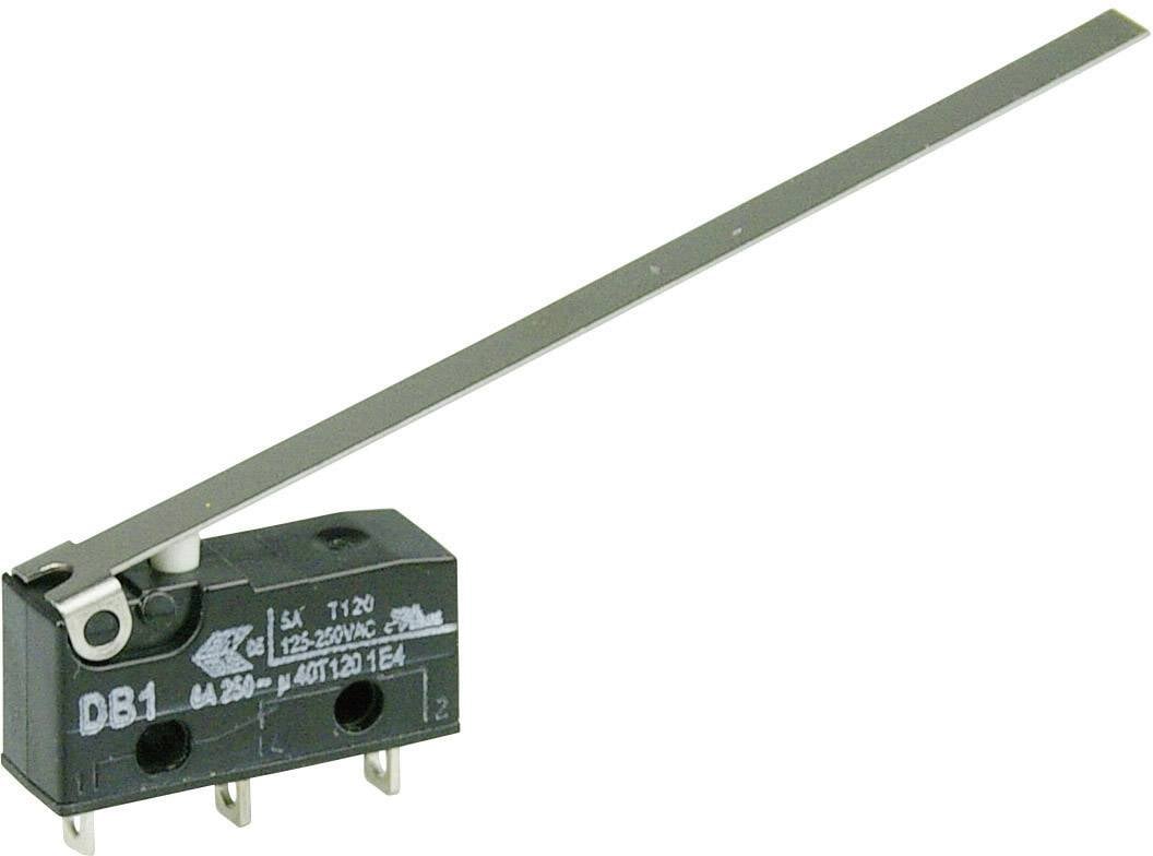 Un microrupteur à long levier, numéro de modèle DB1, adapté pour 250VAC, 5A. Le levier est orienté vers le haut.