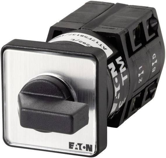 Un interrupteur carré d'Eaton dans un boîtier noir et argenté, avec un bouton rotatif au centre.