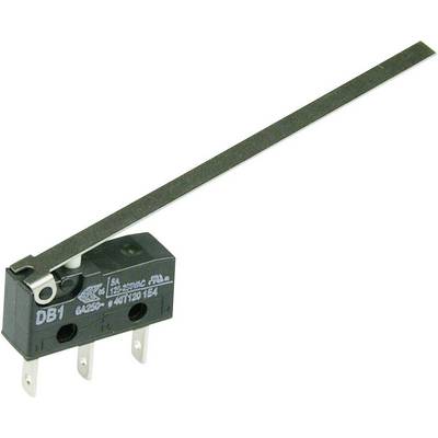 Un microrupteur noir avec actionnement par levier métallique long, modèle DB1, doté de trois broches de connexion, convient pour les commandes mécaniques.