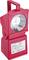 Lampe portable LED rouge avec une poignée de transport et une étiquette technique en bas.