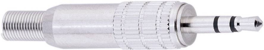 Un adaptateur audio en métal argenté avec une poignée striée, de forme cylindrique et muni d'une fiche jack stéréo 3,5 mm à trois broches.