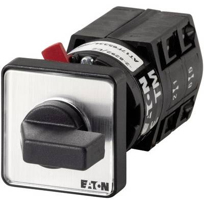 Un interrupteur rotatif carré noir avec le logo de l'entreprise 'Eaton'. L'interrupteur est monté dans un boîtier en plastique.