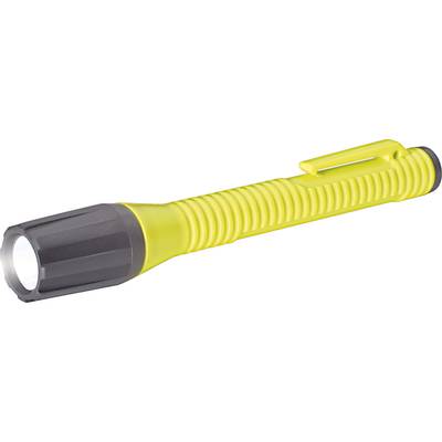 Une lampe de poche jaune avec une tête noire et un clip. Elle est allumée et brille.