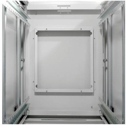 Châssis métallique d'un rack serveur vu de l'intérieur, avec des supports fixés sur les parois latérales. Il est vide et prêt pour l'installation d'équipements.