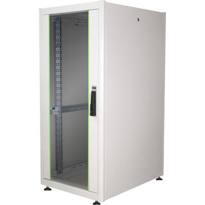 Une armoire serveur haute et vide avec porte en verre, quatre pieds de support et ventilation latérale, adaptée pour héberger des équipements informatiques.
