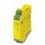 Module de relais de sécurité jaune avec plusieurs bornes de connexion, utilisé pour le contrôle et la surveillance des fonctions de sécurité dans les systèmes électriques.