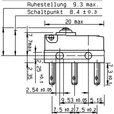 Dessin technique d'un microrupteur avec dimensions : Position de repos 9,3 max, Point de commutation 8,4 ±0,3, Largeur 20 max, diverses autres dimensions.