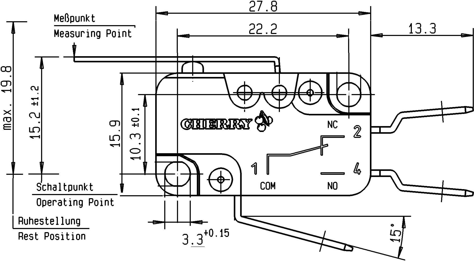 Schéma d'un microrupteur avec dimensions techniques en millimètres. Annotations : 'Point de commutation', 'Position de repos', 'Point de mesure'.