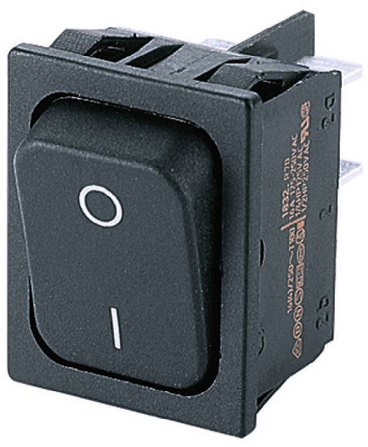 Interrupteur à bascule noir en position Marche/Arrêt, avec marquage 'O' (en haut) et 'I' (en bas). Composant électronique avec connecteurs.